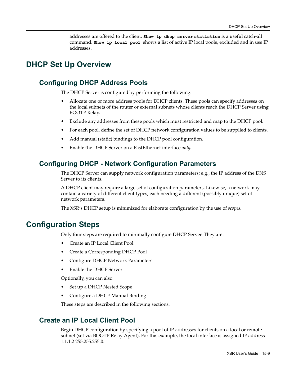 Dhcp set up overview, Configuring dhcp address pools, Configuration steps | Create an ip local client pool, Dhcp set up overview -9, Configuration steps -9, Create an ip local client pool -9 | Enterasys Networks Security Router X-PeditionTM User Manual | Page 383 / 466