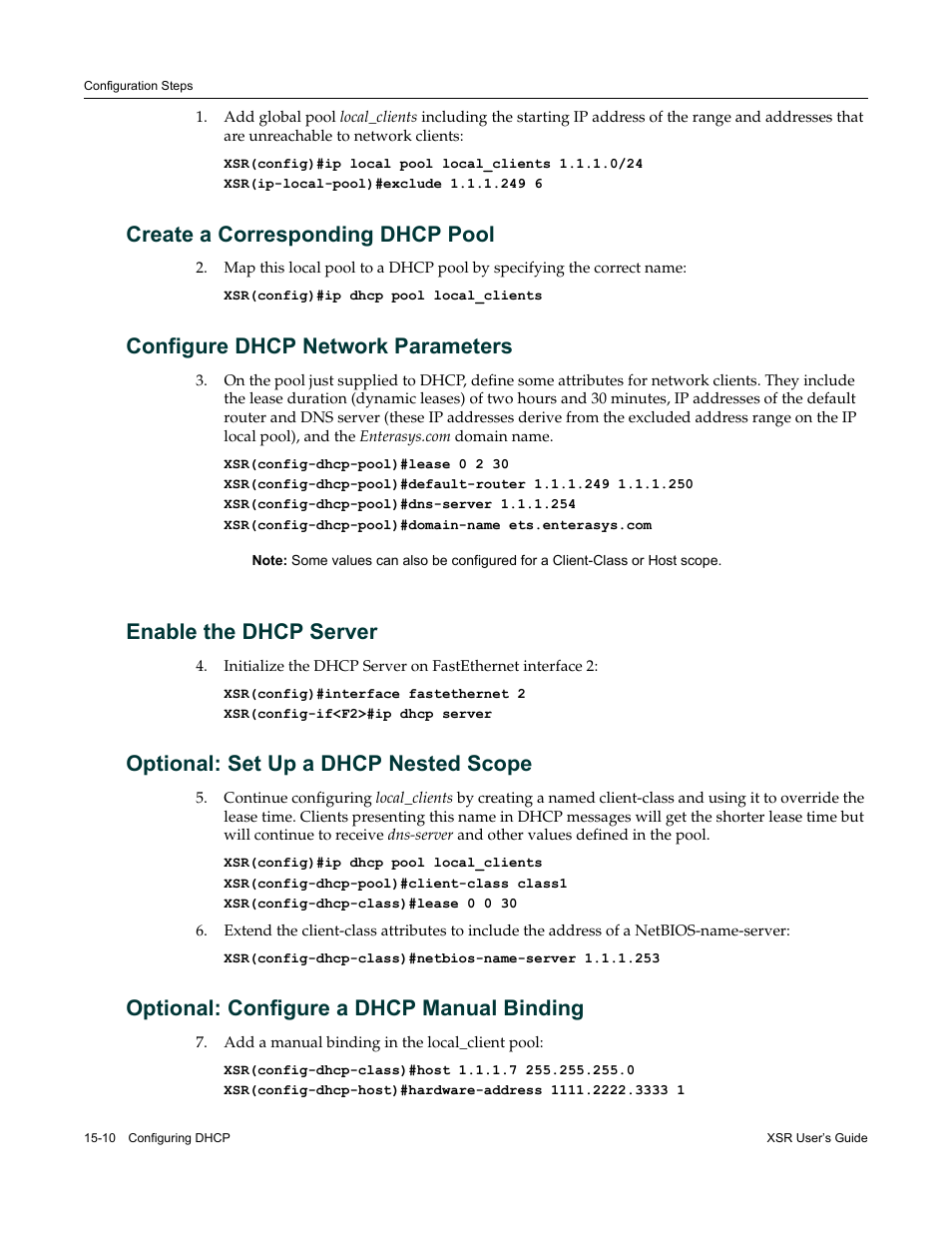 Create a corresponding dhcp pool, Configure dhcp network parameters, Enable the dhcp server | Optional: set up a dhcp nested scope, Optional: configure a dhcp manual binding | Enterasys Networks Security Router X-PeditionTM User Manual | Page 384 / 466