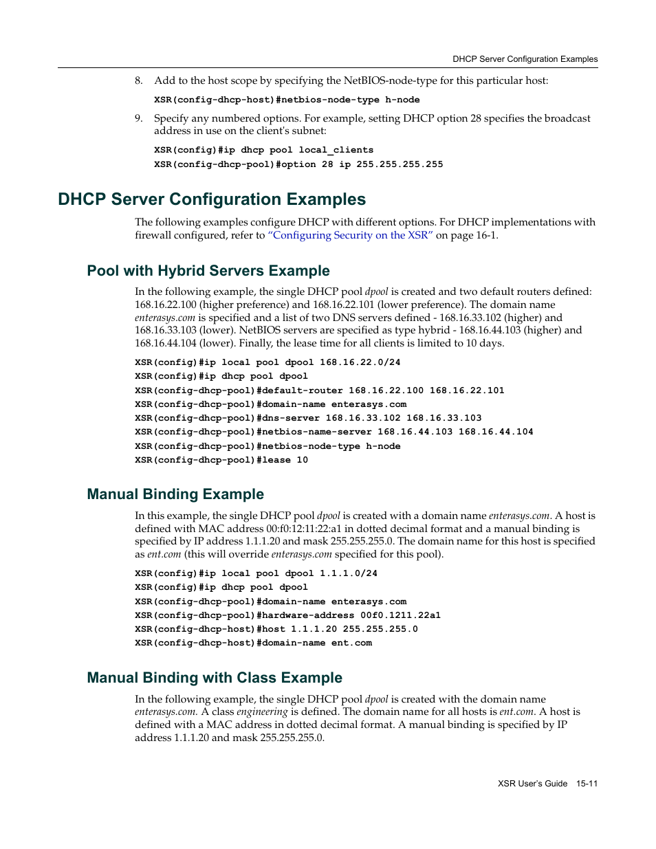Dhcp server configuration examples, Pool with hybrid servers example, Manual binding example | Manual binding with class example, Dhcp server configuration examples -11 | Enterasys Networks Security Router X-PeditionTM User Manual | Page 385 / 466