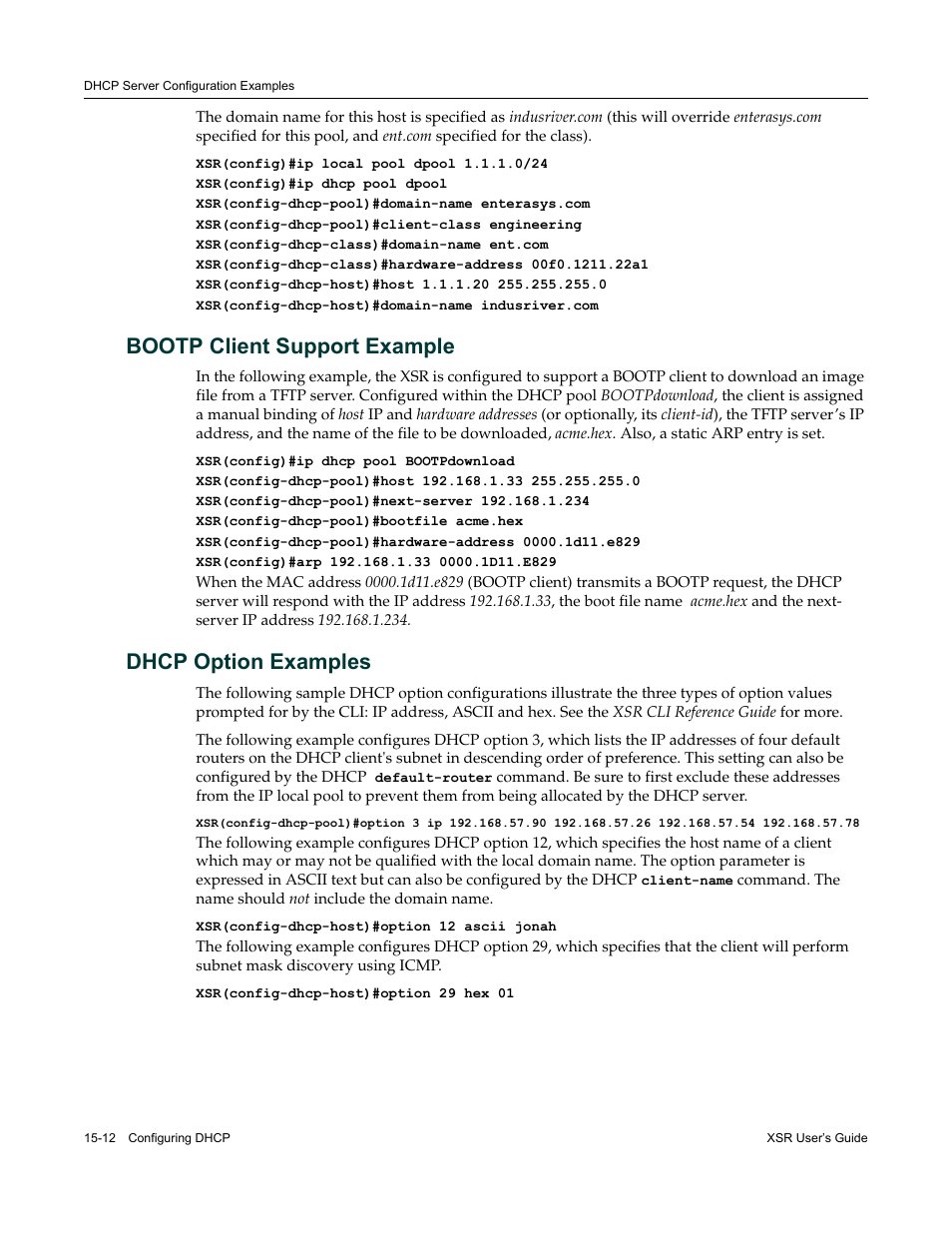 Bootp client support example, Dhcp option examples, Refer to | Enterasys Networks Security Router X-PeditionTM User Manual | Page 386 / 466