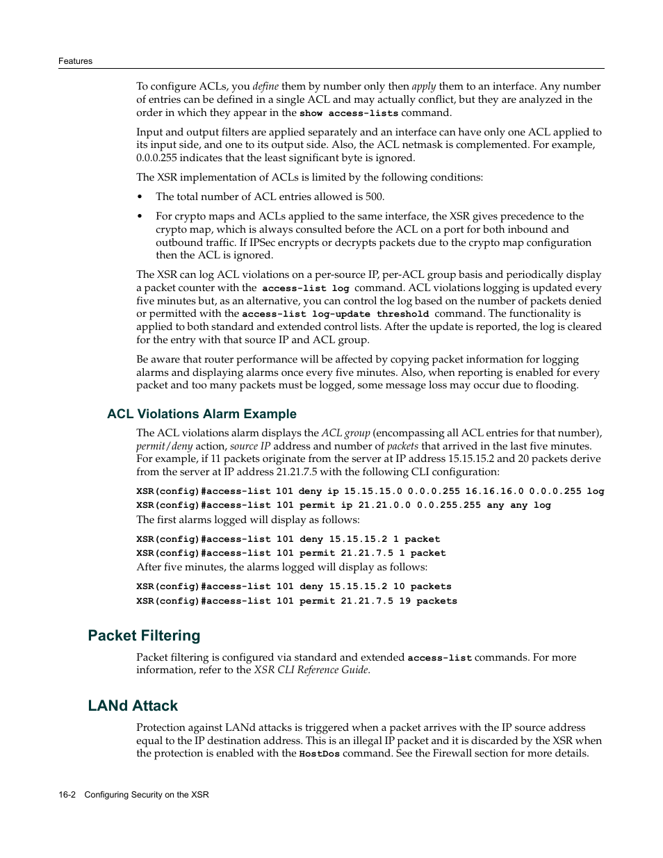 Acl violations alarm example, Packet filtering, Land attack | Acl violations alarm example -2, Packet filtering -2 land attack -2 | Enterasys Networks Security Router X-PeditionTM User Manual | Page 388 / 466