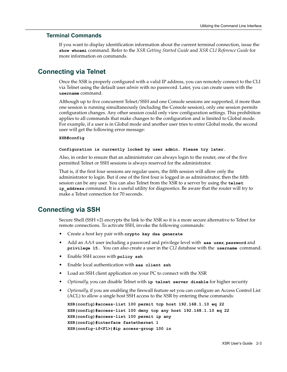 Terminal commands, Connecting via telnet, Connecting via ssh | Terminal commands -3, Connecting via telnet -3 connecting via ssh -3 | Enterasys Networks Security Router X-PeditionTM User Manual | Page 39 / 466