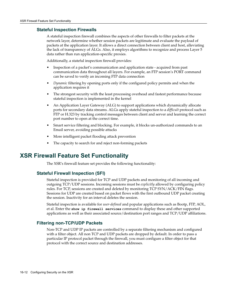 Stateful inspection firewalls, Xsr firewall feature set functionality, Stateful firewall inspection (sfi) | Filtering non-tcp/udp packets, Stateful inspection firewalls -12, Xsr firewall feature set functionality -12 | Enterasys Networks Security Router X-PeditionTM User Manual | Page 398 / 466