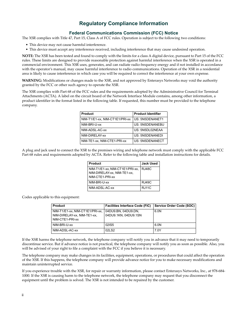 Regulatory compliance information, Federal communications commission (fcc) notice | Enterasys Networks Security Router X-PeditionTM User Manual | Page 4 / 466