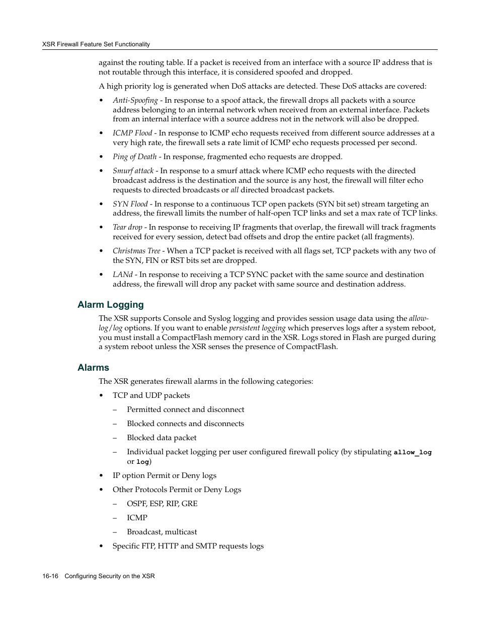 Alarm logging, Alarms, Alarm logging -16 alarms -16 | Enterasys Networks Security Router X-PeditionTM User Manual | Page 402 / 466