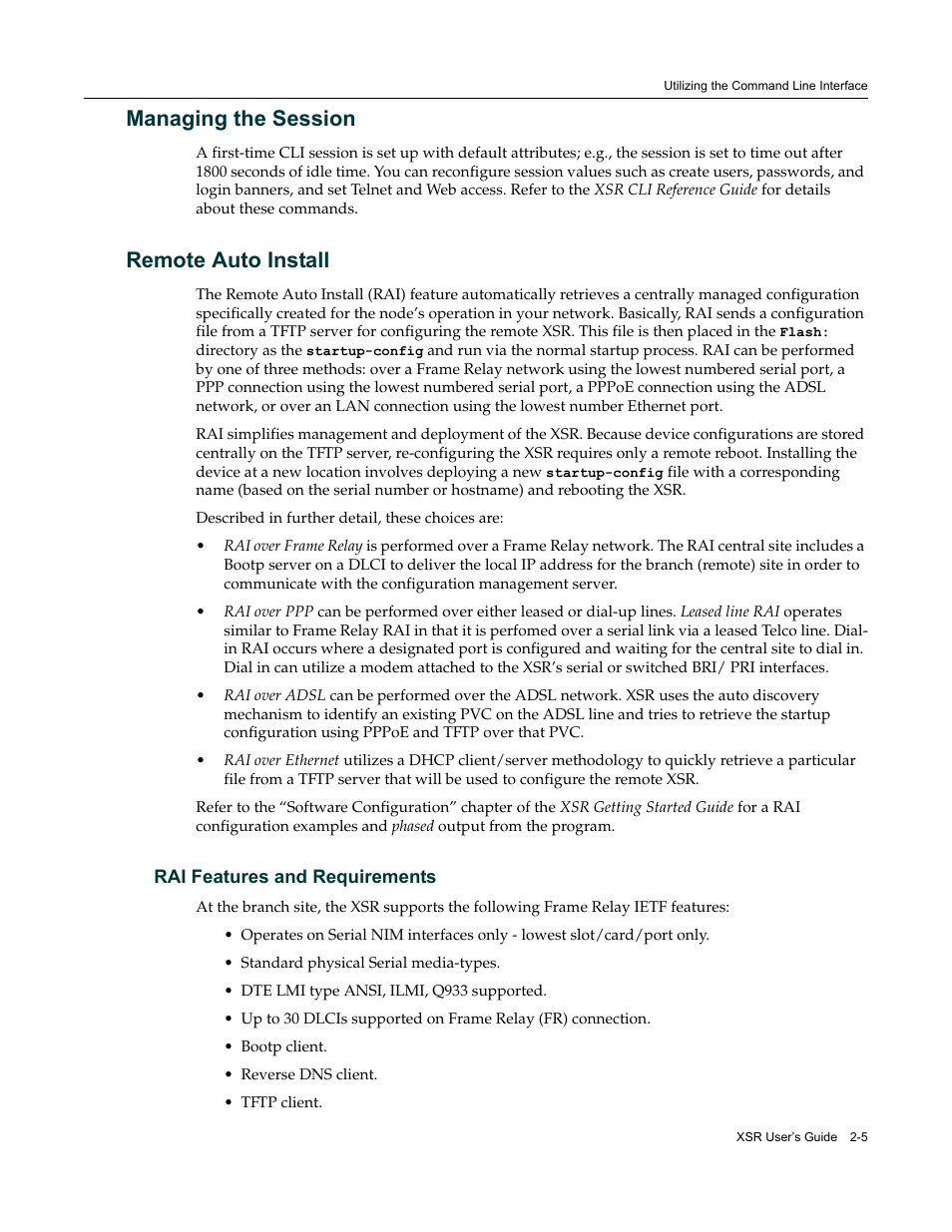 Managing the session, Remote auto install, Rai features and requirements | Managing the session -5 remote auto install -5, Rai features and requirements -5 | Enterasys Networks Security Router X-PeditionTM User Manual | Page 41 / 466