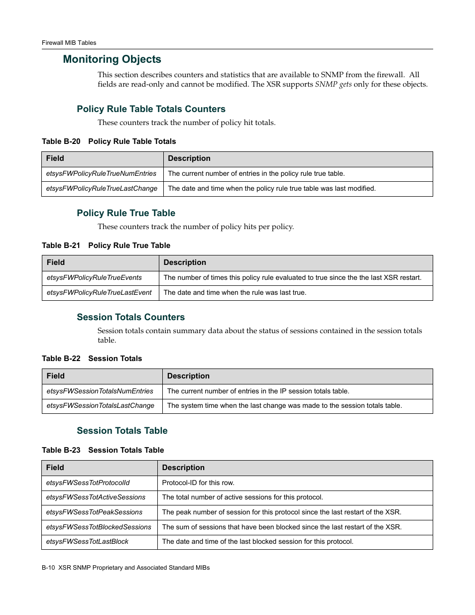 Monitoring objects, Policy rule table totals counters, Policy rule true table | Session totals counters, Session totals table | Enterasys Networks Security Router X-PeditionTM User Manual | Page 452 / 466