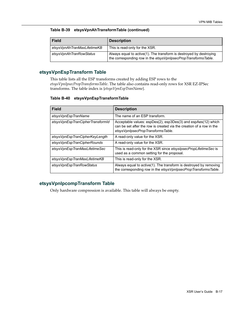 Etsysvpnesptransform table, Etsysvpnipcomptransform table | Enterasys Networks Security Router X-PeditionTM User Manual | Page 459 / 466