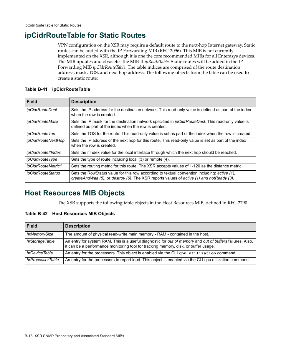 Ipcidrroutetable for static routes, Host resources mib objects | Enterasys Networks Security Router X-PeditionTM User Manual | Page 460 / 466