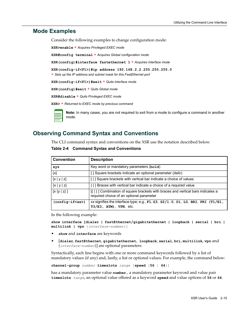 Mode examples, Observing command syntax and conventions | Enterasys Networks Security Router X-PeditionTM User Manual | Page 51 / 466