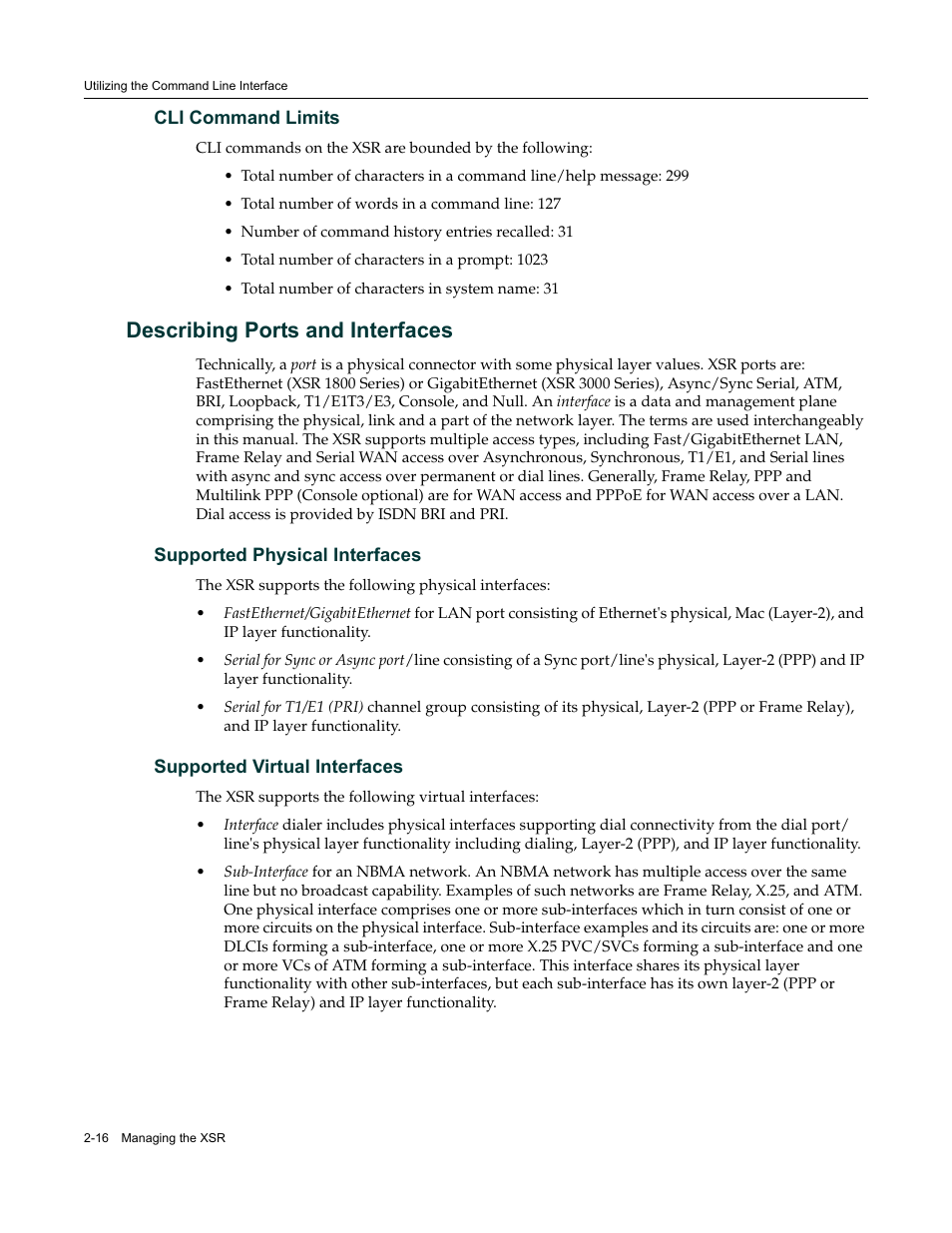 Cli command limits, Describing ports and interfaces, Supported physical interfaces | Supported virtual interfaces, Cli command limits -16, Describing ports and interfaces -16 | Enterasys Networks Security Router X-PeditionTM User Manual | Page 52 / 466