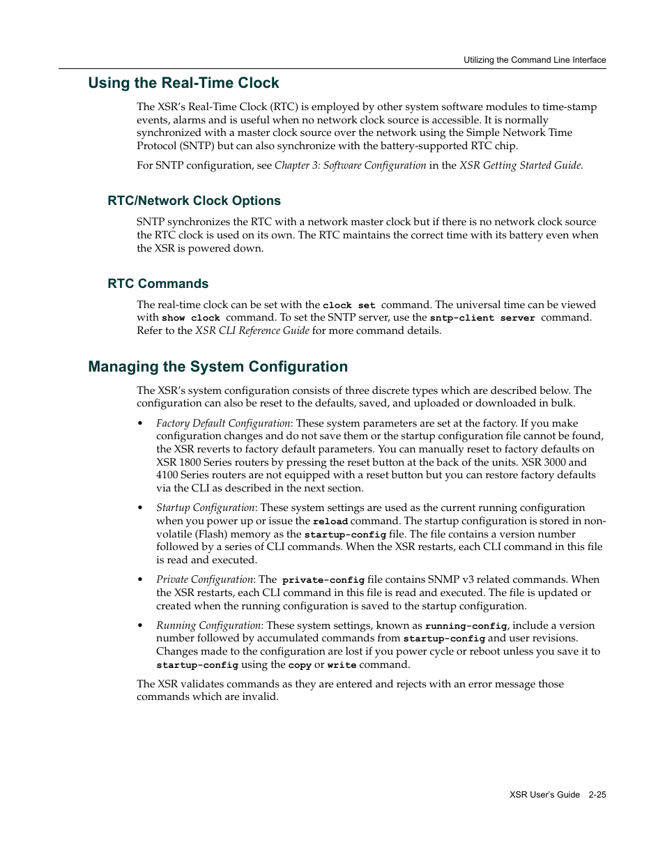 Using the real-time clock, Rtc/network clock options, Rtc commands | Managing the system configuration, Using the real-time clock -25, Rtc/network clock options -25 rtc commands -25, Managing the system configuration -25 | Enterasys Networks Security Router X-PeditionTM User Manual | Page 61 / 466