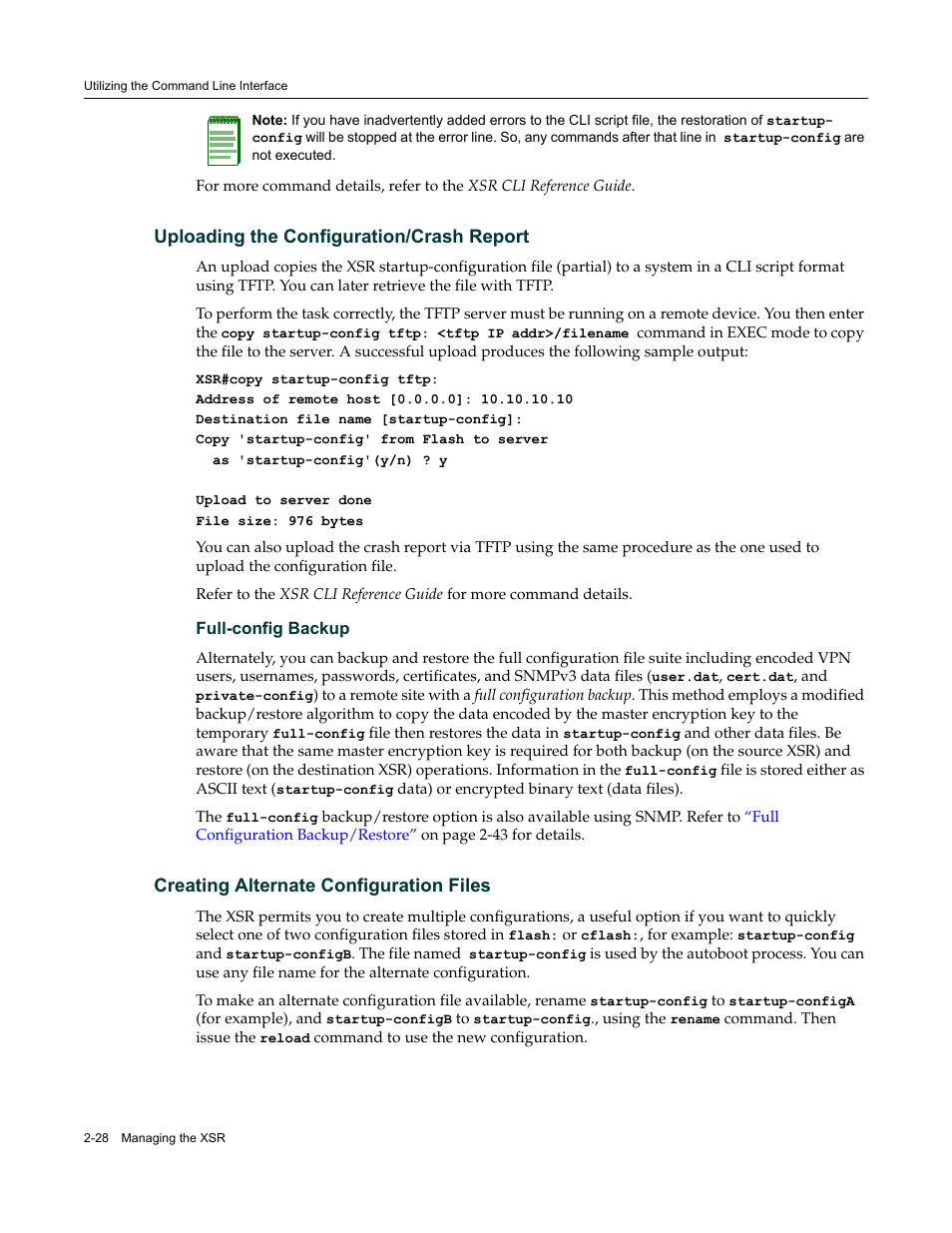 Uploading the configuration/crash report, Creating alternate configuration files, Full-config backup | Enterasys Networks Security Router X-PeditionTM User Manual | Page 64 / 466