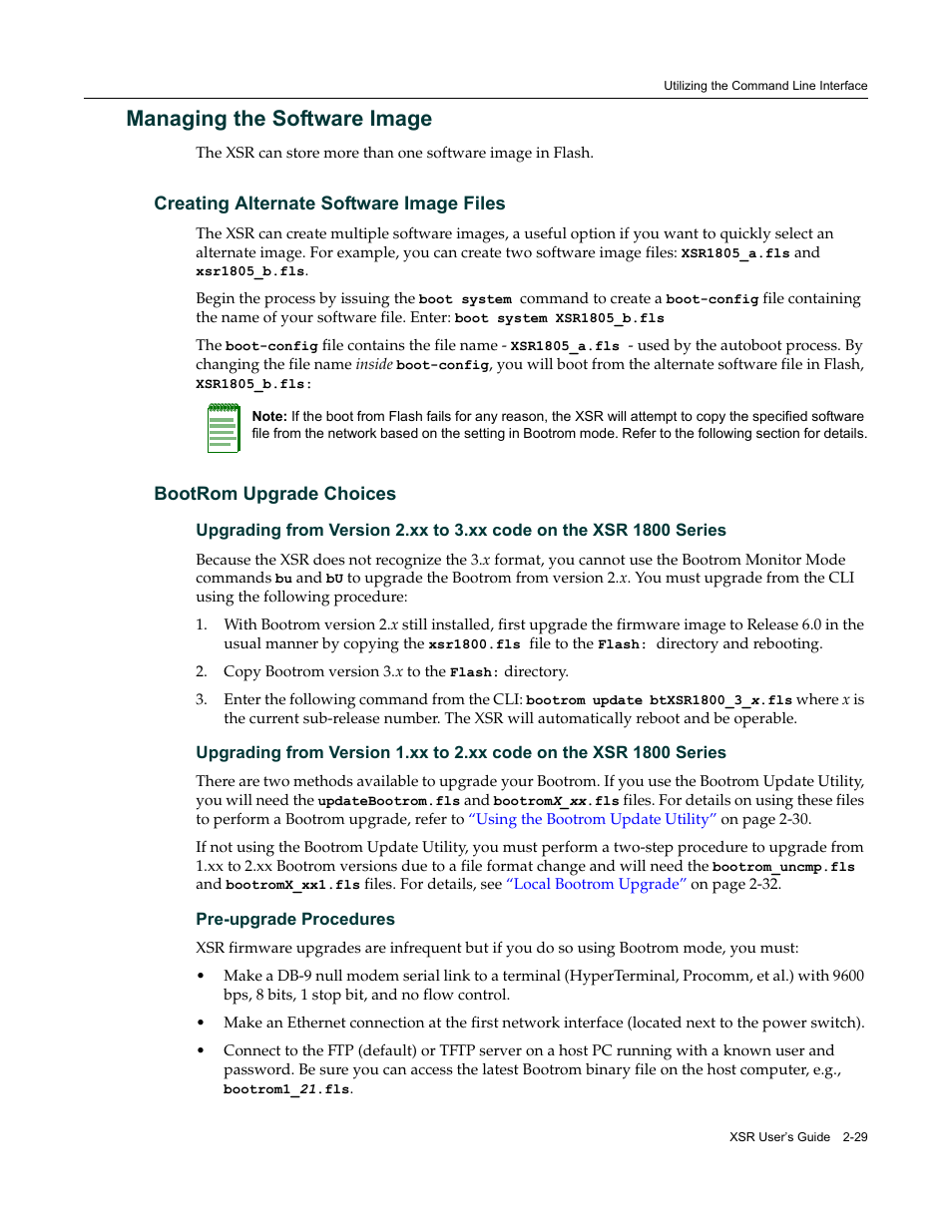 Managing the software image, Creating alternate software image files, Bootrom upgrade choices | Managing the software image -29 | Enterasys Networks Security Router X-PeditionTM User Manual | Page 65 / 466