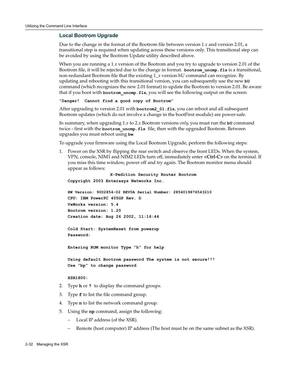 Local bootrom upgrade | Enterasys Networks Security Router X-PeditionTM User Manual | Page 68 / 466