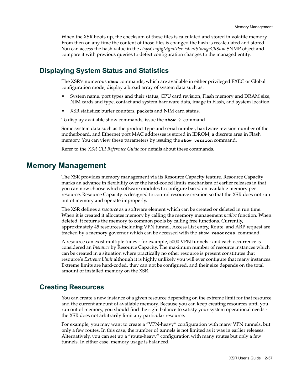 Displaying system status and statistics, Memory management, Creating resources | Displaying system status and statistics -37, Memory management -37, Creating resources -37 | Enterasys Networks Security Router X-PeditionTM User Manual | Page 73 / 466