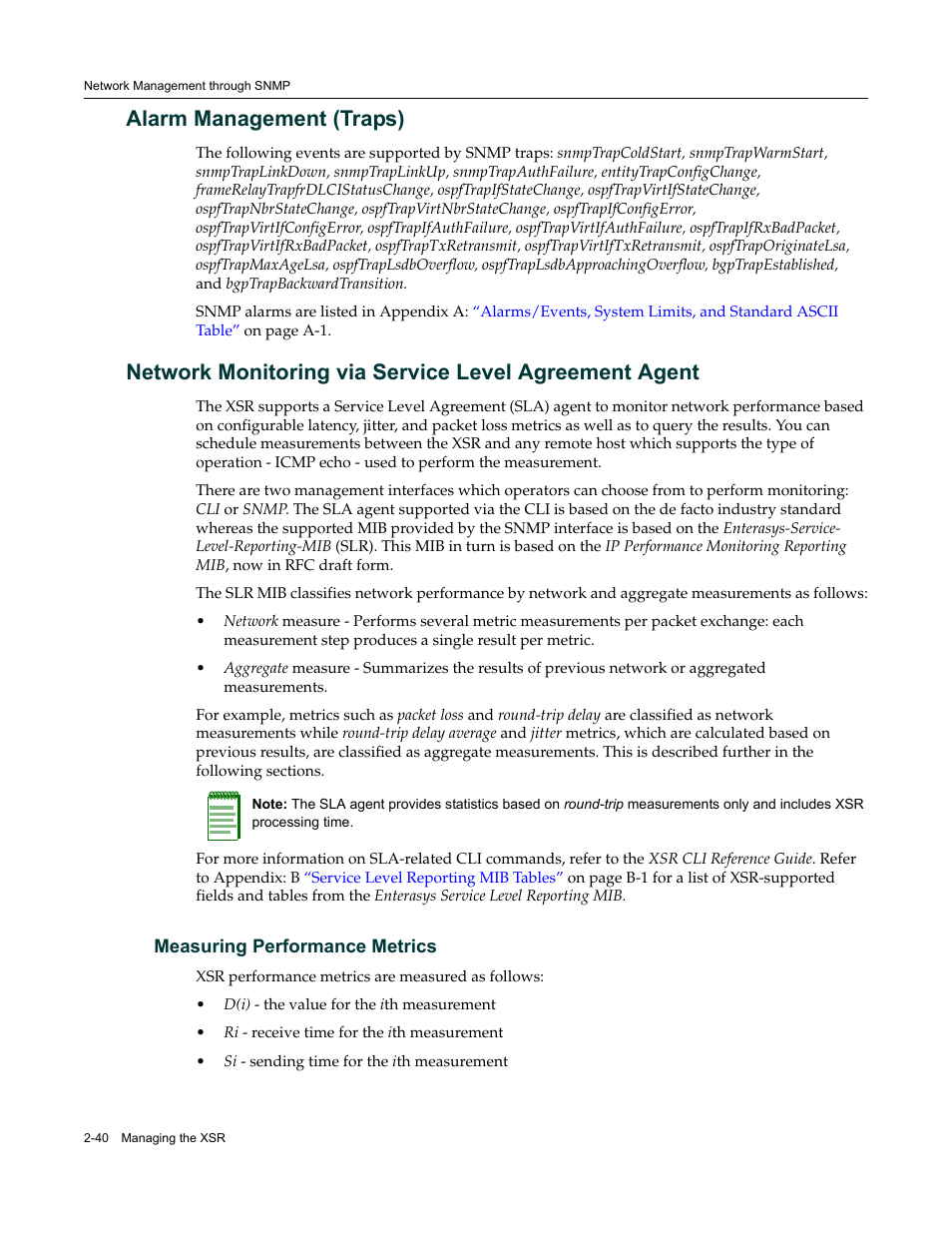 Alarm management (traps), Measuring performance metrics, Measuring performance metrics -40 | Enterasys Networks Security Router X-PeditionTM User Manual | Page 76 / 466