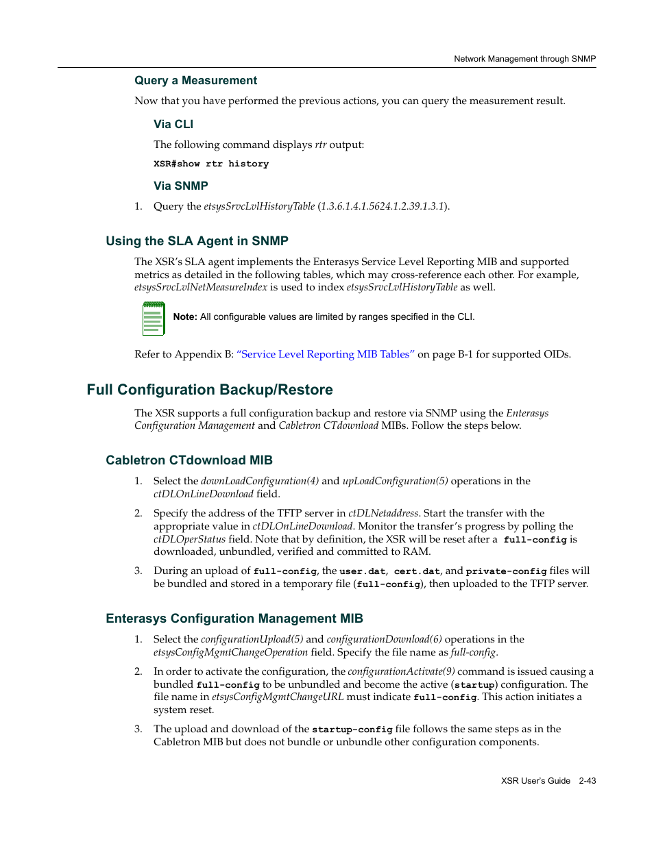 Using the sla agent in snmp, Full configuration backup/restore, Cabletron ctdownload mib | Enterasys configuration management mib, Using the sla agent in snmp -43, Full configuration backup/restore -43, Full, Configuration backup/restore | Enterasys Networks Security Router X-PeditionTM User Manual | Page 79 / 466