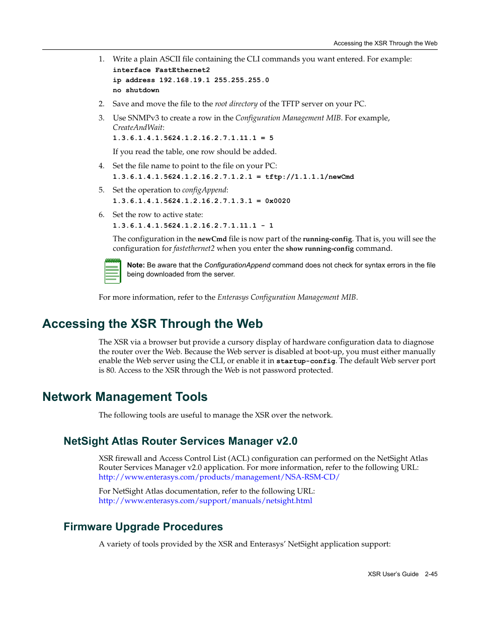 Accessing the xsr through the web, Network management tools, Netsight atlas router services manager v2.0 | Firmware upgrade procedures | Enterasys Networks Security Router X-PeditionTM User Manual | Page 81 / 466