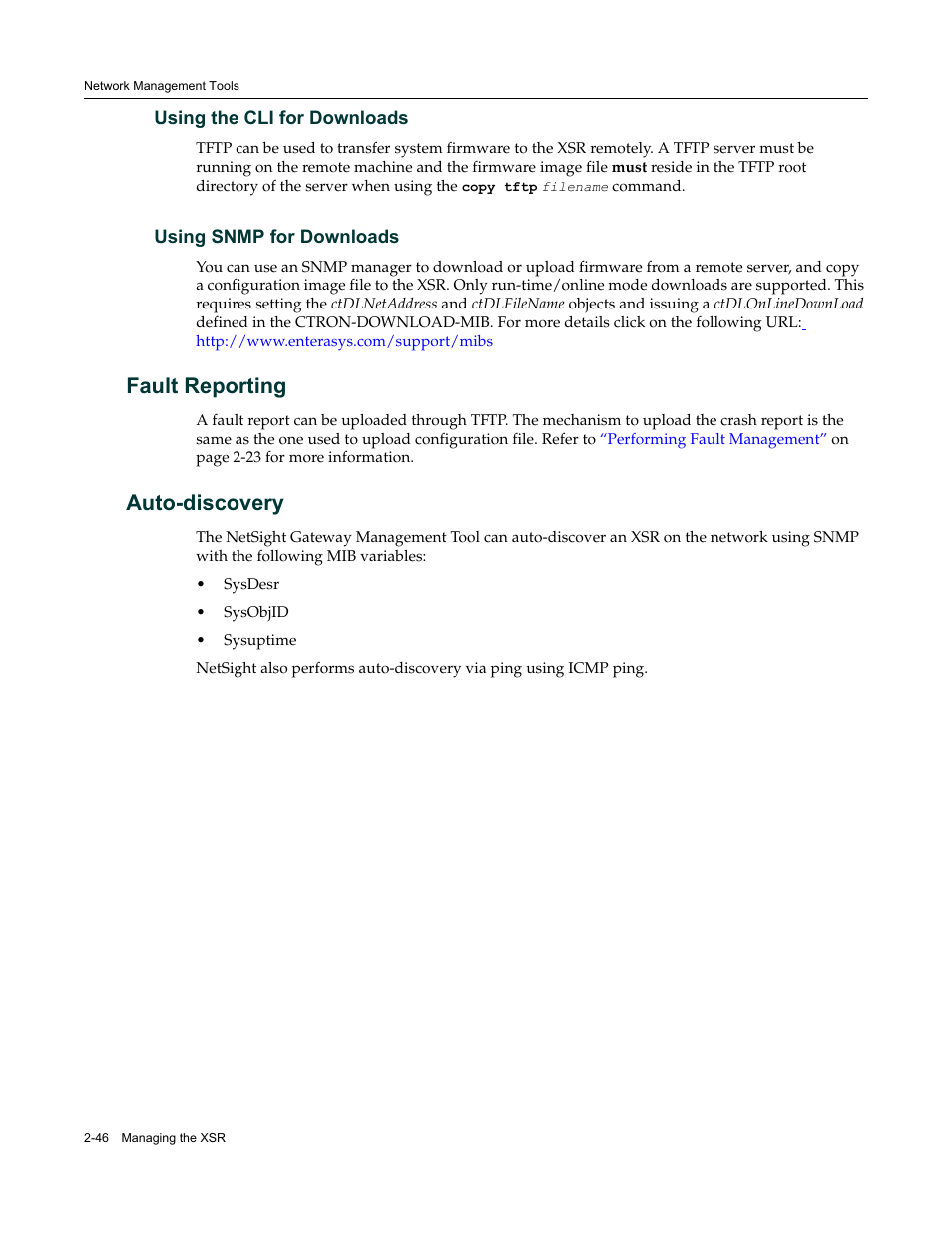 Using the cli for downloads, Using snmp for downloads, Fault reporting | Auto-discovery, Fault reporting -46 auto-discovery -46 | Enterasys Networks Security Router X-PeditionTM User Manual | Page 82 / 466