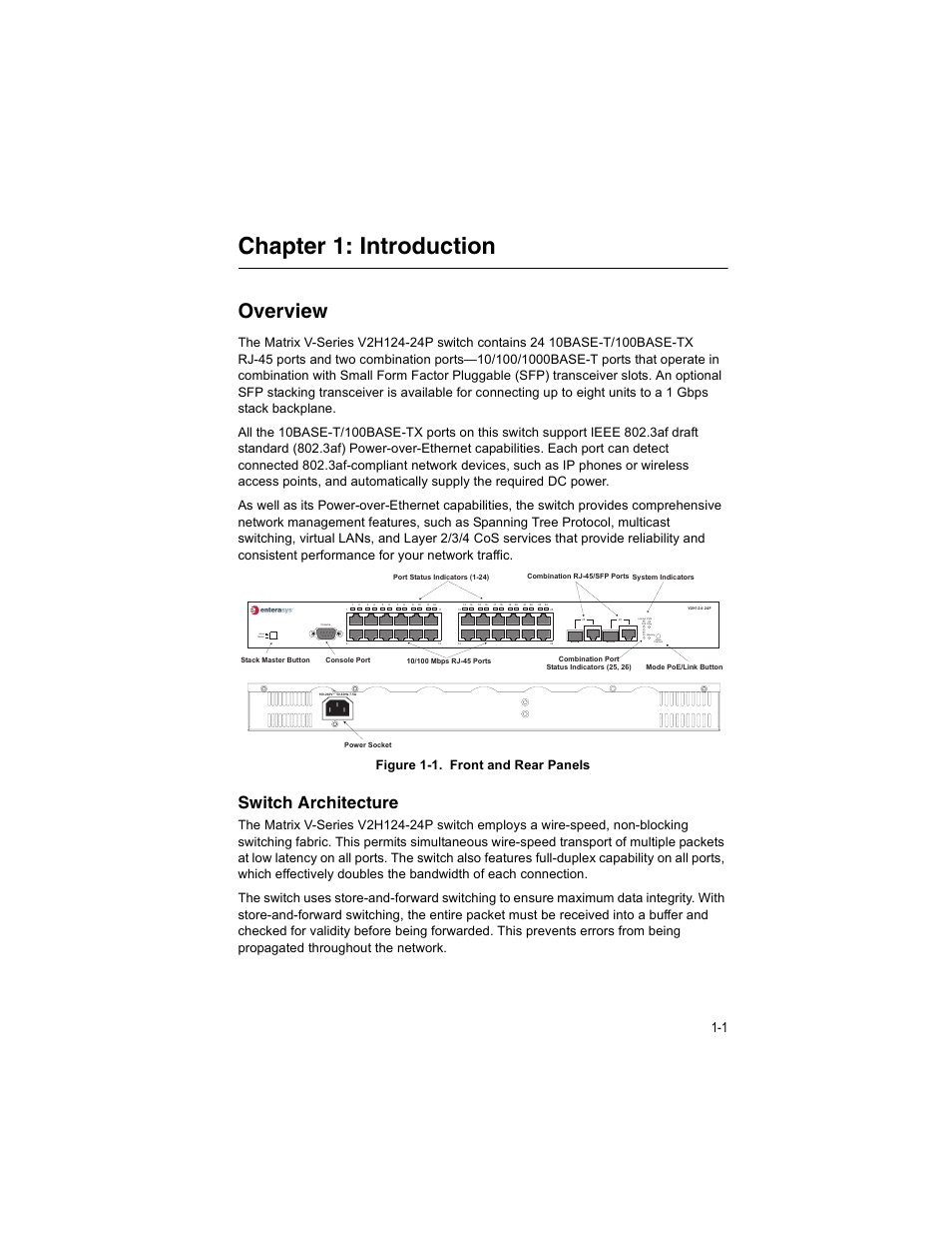 Chapter 1: introduction, Overview, Switch architecture | Overview 1-1, Figure 1-1, Front and rear panels | Enterasys Networks V2H124-24P User Manual | Page 21 / 68