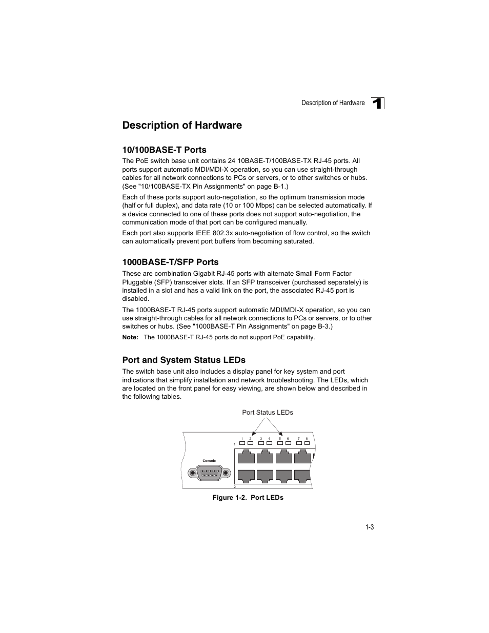 Description of hardware, 10/100base-t ports, 1000base-t/sfp ports | Port and system status leds, Figure 1-2, Port leds | Enterasys Networks V2H124-24P User Manual | Page 23 / 68