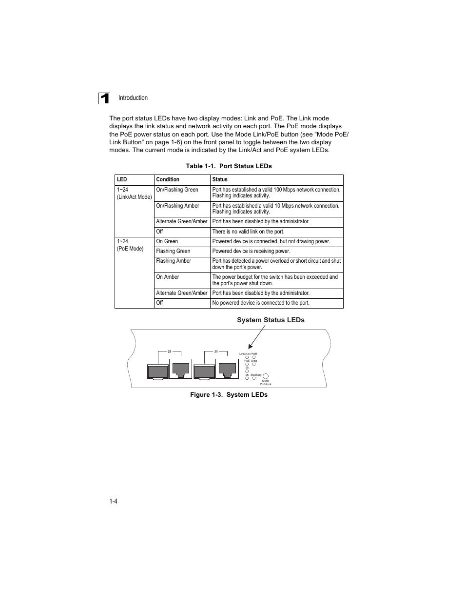 Table 1-1, Port status leds, Figure 1-3 | System leds | Enterasys Networks V2H124-24P User Manual | Page 24 / 68