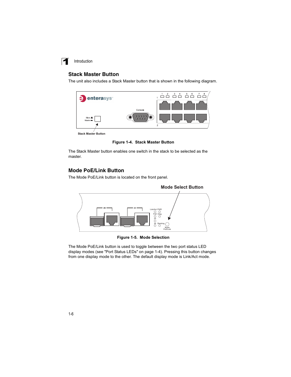 Stack master button, Mode poe/link button, Figure 1-4 | Figure 1-5, Mode selection | Enterasys Networks V2H124-24P User Manual | Page 26 / 68