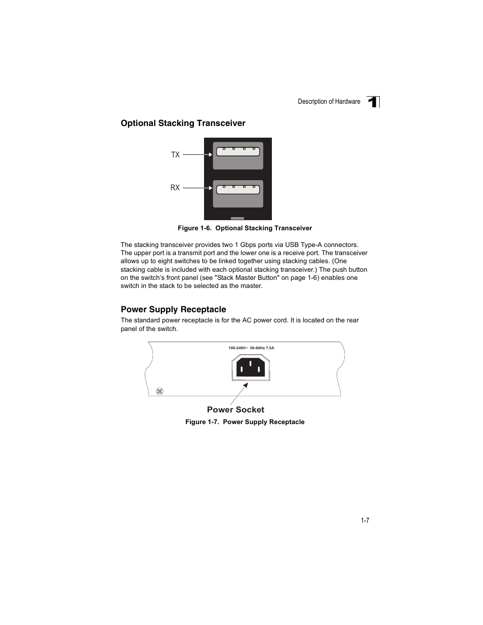 Optional stacking transceiver, Power supply receptacle, Figure 1-6 | Figure 1-7 | Enterasys Networks V2H124-24P User Manual | Page 27 / 68