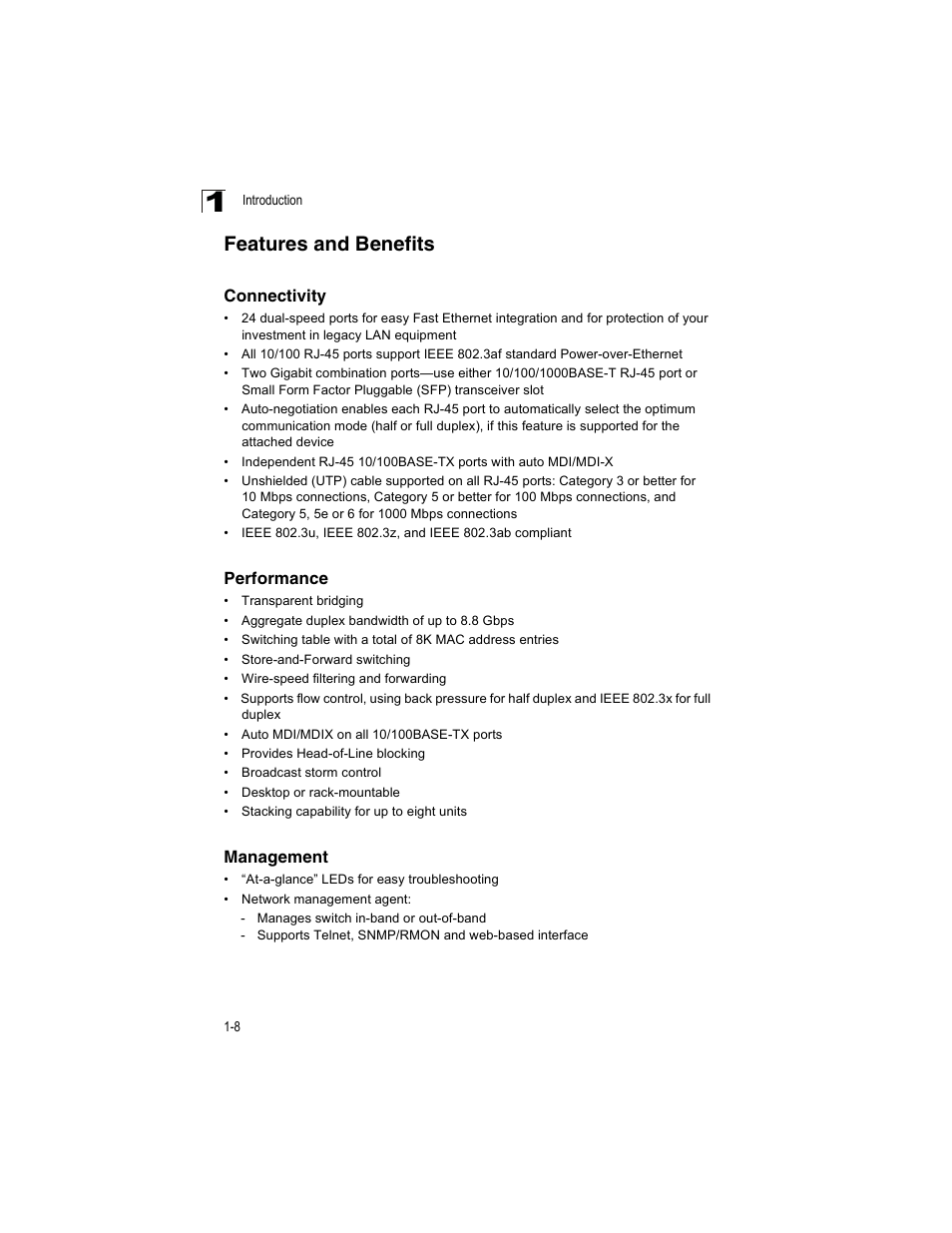 Features and benefits, Connectivity, Performance | Management, Connectivity 1-8 performance 1-8 management 1-8 | Enterasys Networks V2H124-24P User Manual | Page 28 / 68