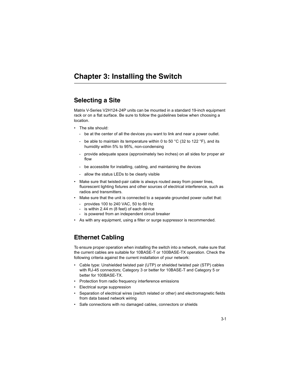 Chapter 3: installing the switch, Selecting a site, Ethernet cabling | Enterasys Networks V2H124-24P User Manual | Page 35 / 68