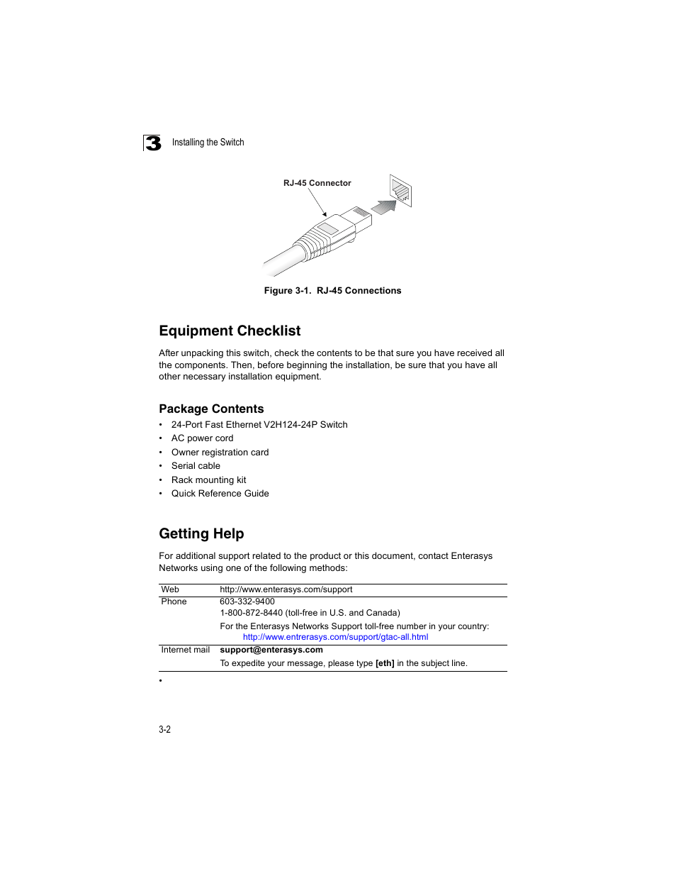 Equipment checklist, Package contents, Getting help | Figure 3-1, Rj-45 connections | Enterasys Networks V2H124-24P User Manual | Page 36 / 68