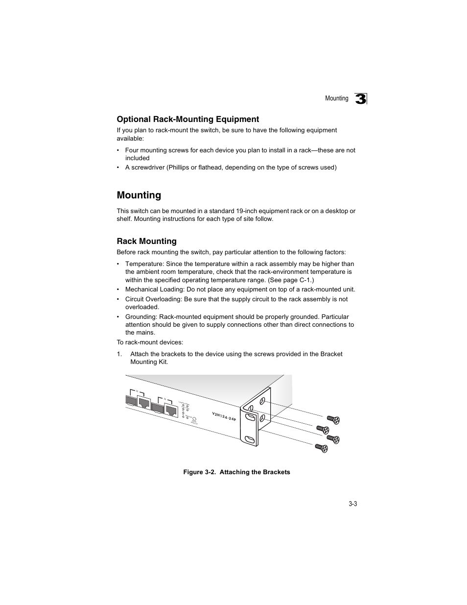 Optional rack-mounting equipment, Mounting, Rack mounting | Mounting 3-3, Figure 3-2, Attaching the brackets | Enterasys Networks V2H124-24P User Manual | Page 37 / 68