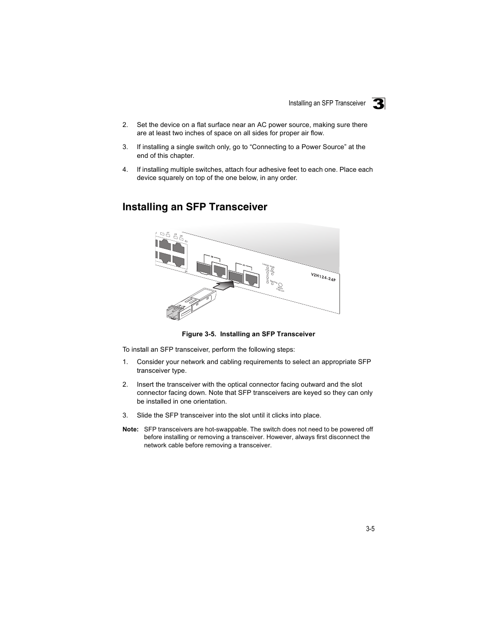 Installing an sfp transceiver, Figure 3-5, Installing an sfp transceiver 3-5 | Enterasys Networks V2H124-24P User Manual | Page 39 / 68