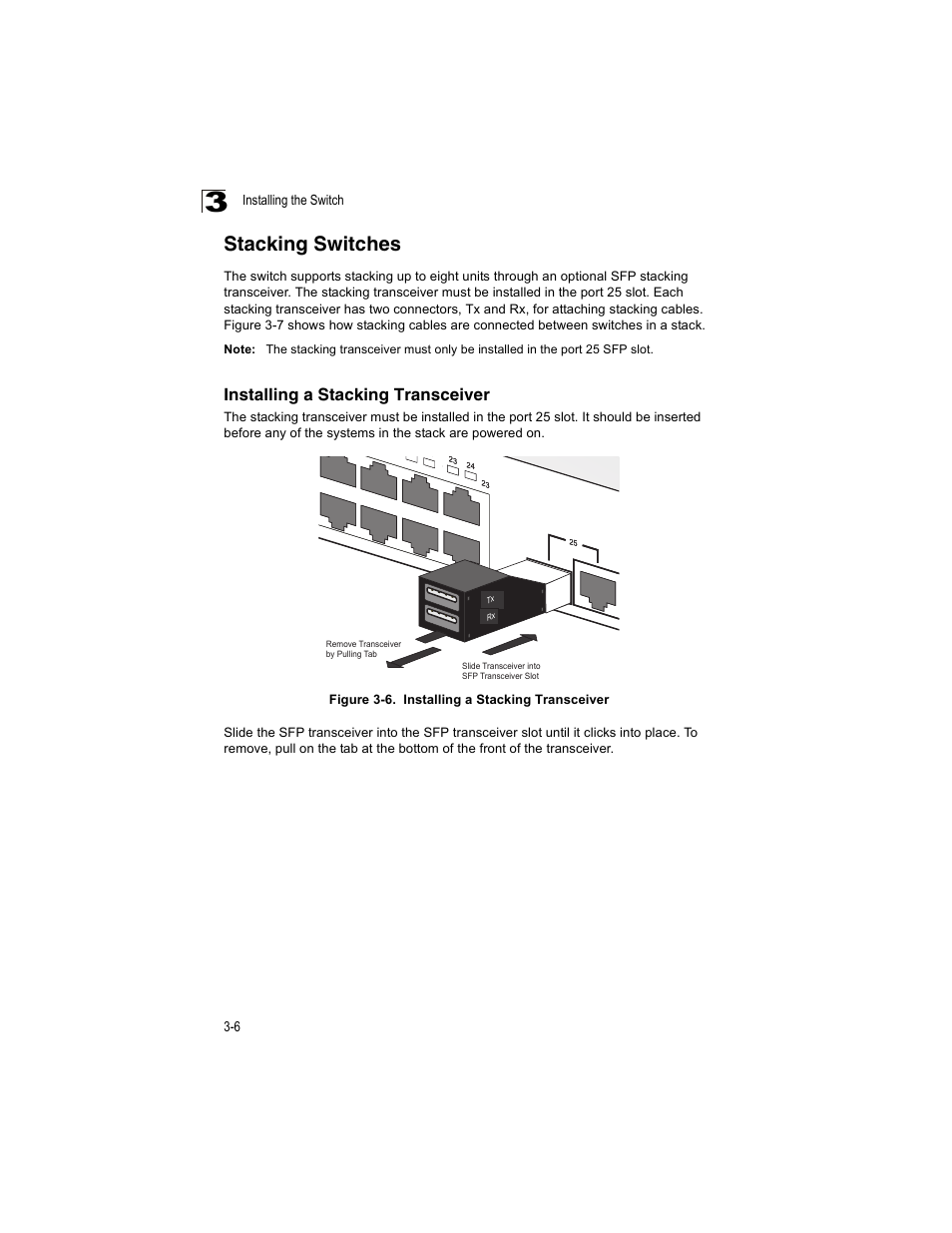 Stacking switches, Installing a stacking transceiver, Installing a stacking transceiver 3-6 | Figure 3-6 | Enterasys Networks V2H124-24P User Manual | Page 40 / 68