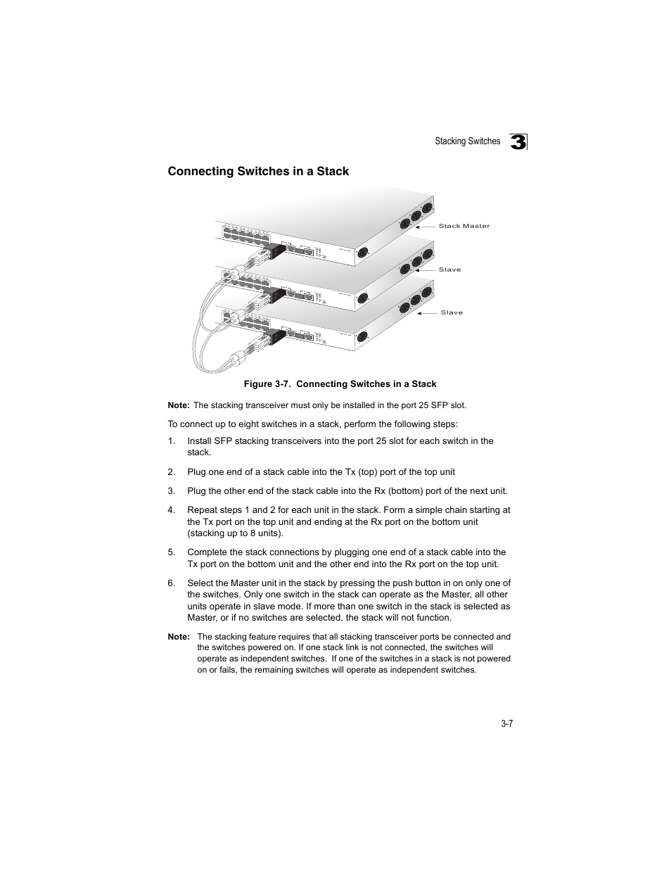 Connecting switches in a stack, Connecting switches in a stack 3-7, Figure 3-7 | Enterasys Networks V2H124-24P User Manual | Page 41 / 68