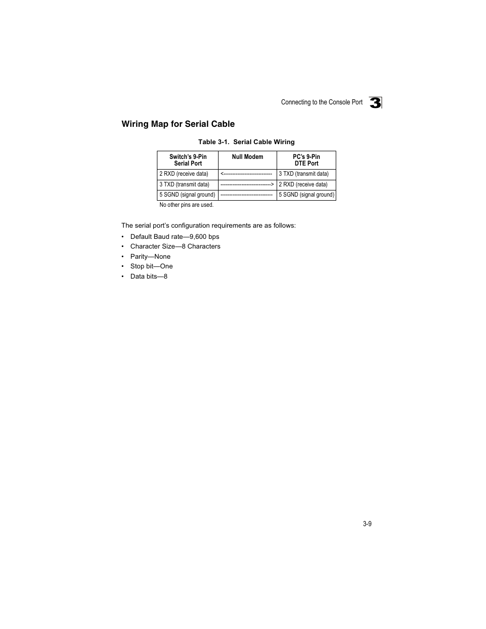 Wiring map for serial cable, Wiring map for serial cable 3-9, Table 3-1 | Serial cable wiring | Enterasys Networks V2H124-24P User Manual | Page 43 / 68