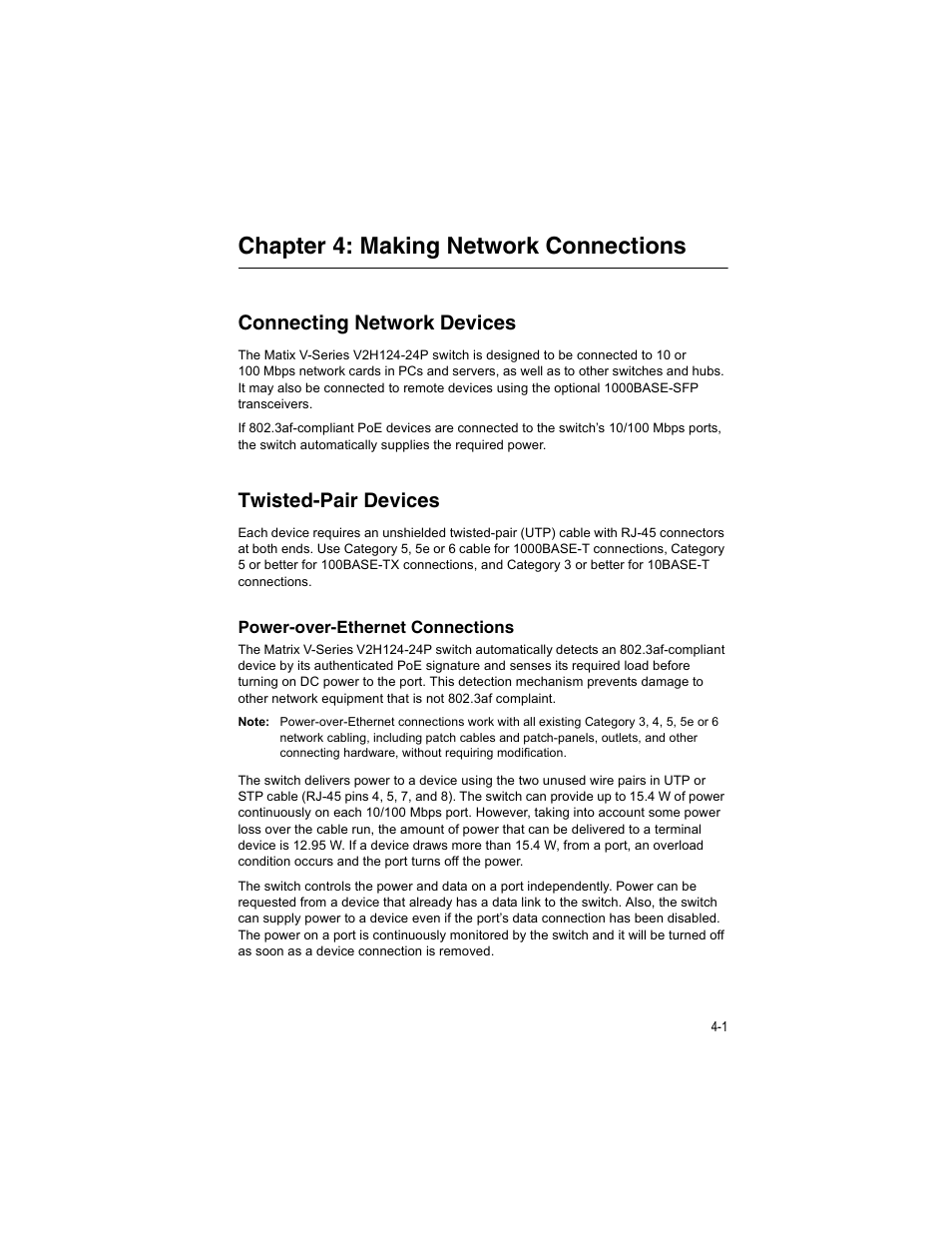 Chapter 4: making network connections, Connecting network devices, Twisted-pair devices | Power-over-ethernet connections, Chapter 4: making network connections 4-1, Power-over-ethernet connections 4-1 | Enterasys Networks V2H124-24P User Manual | Page 45 / 68