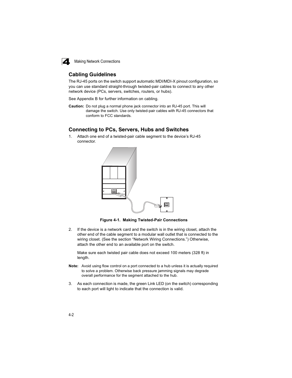 Cabling guidelines, Connecting to pcs, servers, hubs and switches, Figure 4-1 | Making twisted-pair connections | Enterasys Networks V2H124-24P User Manual | Page 46 / 68