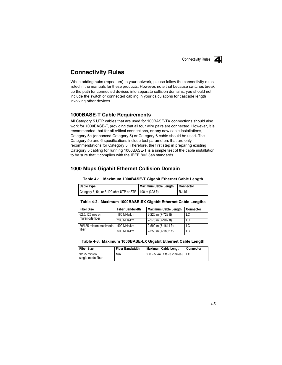 Connectivity rules, 1000base-t cable requirements, 1000mbps gigabit ethernet collision domain | Connectivity rules 4-5, Table 4-1, Maximum 1000base-t gigabit ethernet cable length, Table 4-2, Maximum 1000base-sx gigabit ethernet cable lengths, Table 4-3, Maximum 1000base-lx gigabit ethernet cable length | Enterasys Networks V2H124-24P User Manual | Page 49 / 68