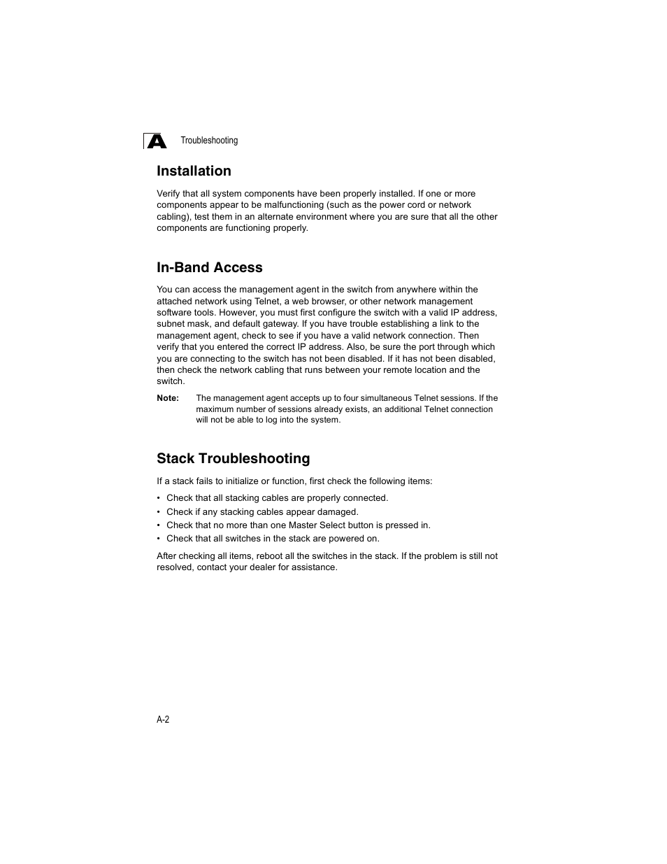 Installation, In-band access, Stack troubleshooting | Enterasys Networks V2H124-24P User Manual | Page 52 / 68