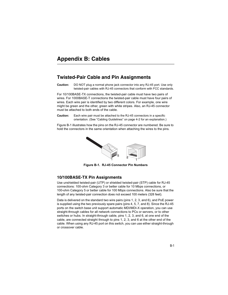 Appendix b: cables, Twisted-pair cable and pin assignments, 10/100base-tx pin assignments | Appendix b: cables b-1, Twisted-pair cable and pin assignments b-1, 10/100base-tx pin assignments b-1, Figure b-1, Rj-45 connector pin numbers | Enterasys Networks V2H124-24P User Manual | Page 53 / 68