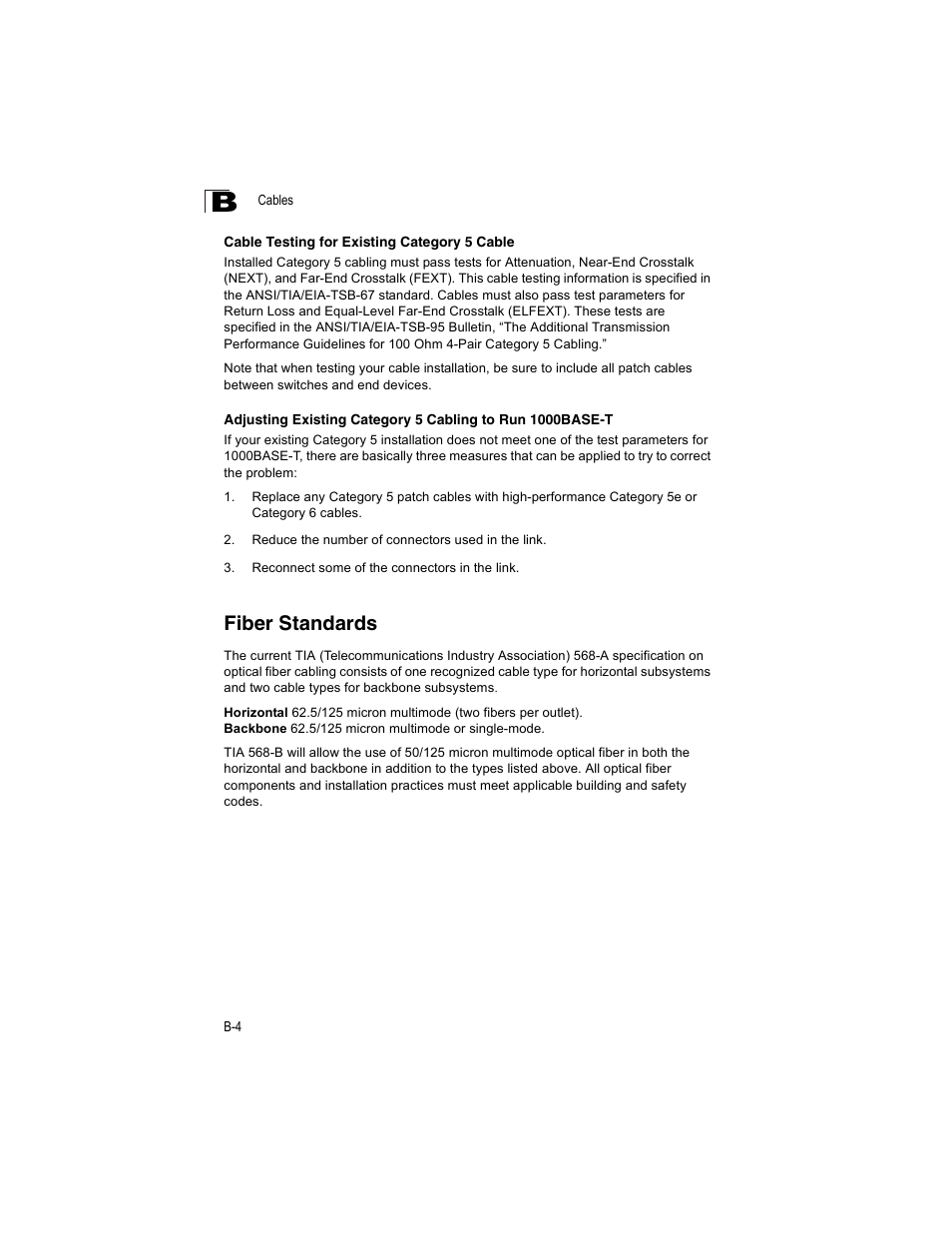 Cable testing for existing category 5 cable, Fiber standards, Fiber standards b-4 | Enterasys Networks V2H124-24P User Manual | Page 56 / 68