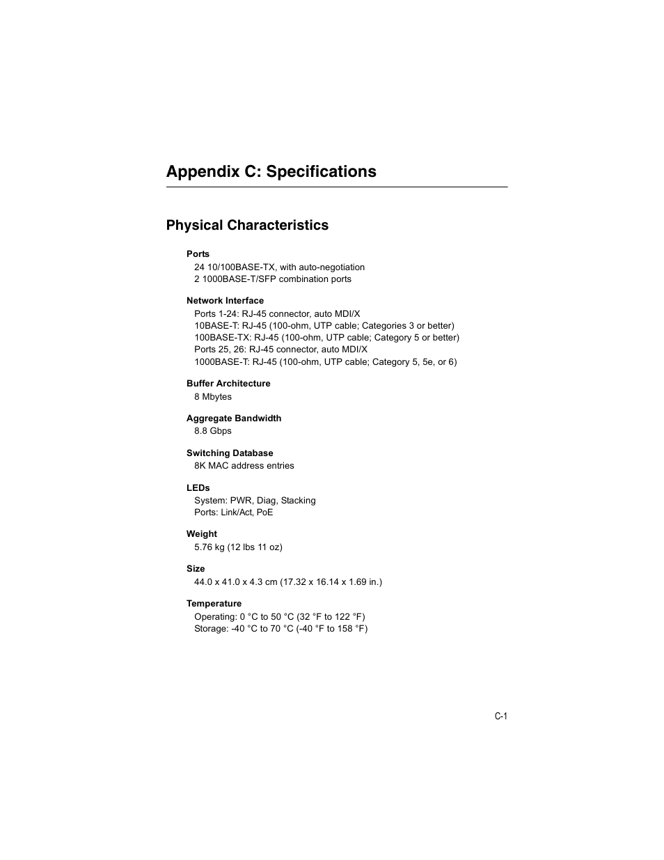 Appendix c: specifications, Physical characteristics, Appendix c: specifications c-1 | Enterasys Networks V2H124-24P User Manual | Page 57 / 68