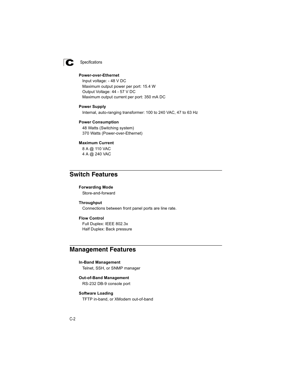 Switch features, Management features, Switch features c-2 management features c-2 | Enterasys Networks V2H124-24P User Manual | Page 58 / 68