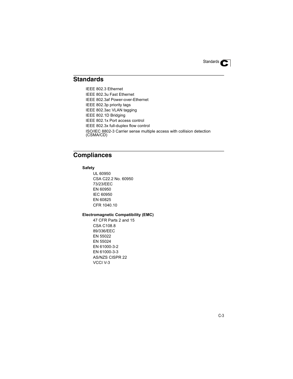 Standards, Compliances, Standards c-3 compliances c-3 | Enterasys Networks V2H124-24P User Manual | Page 59 / 68