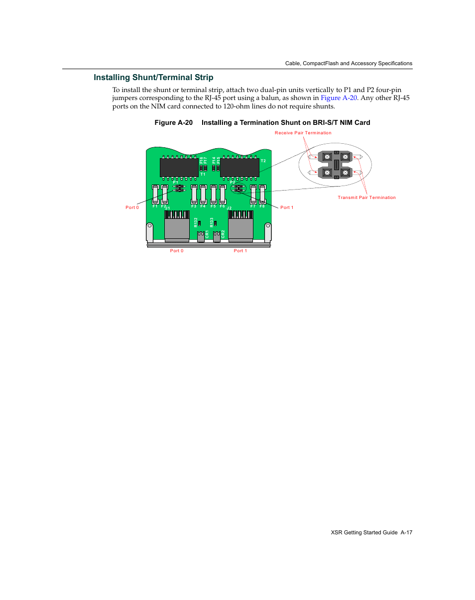 Figure a-20, Installing shunt/terminal strip | Enterasys Networks XSR-3150 User Manual | Page 103 / 110