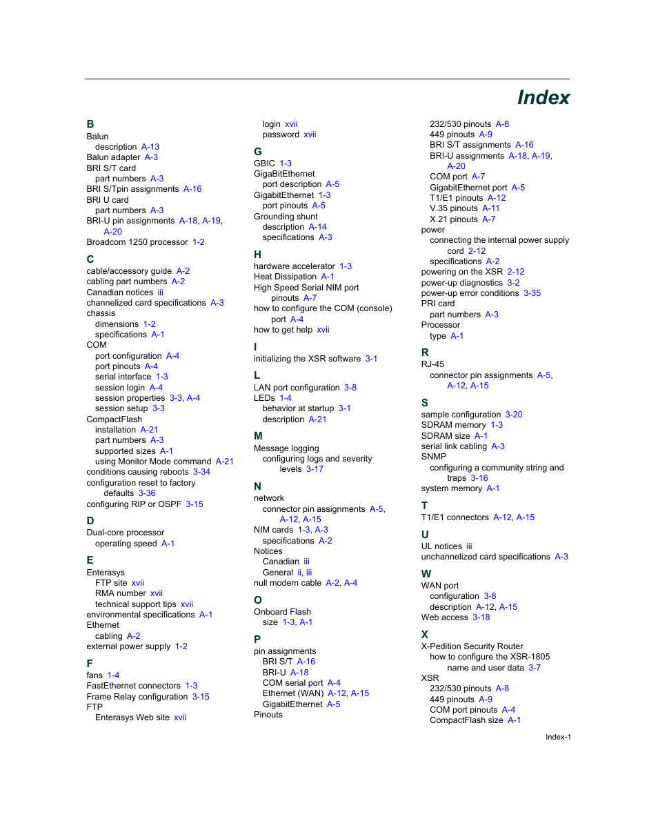 Index | Enterasys Networks XSR-3150 User Manual | Page 109 / 110