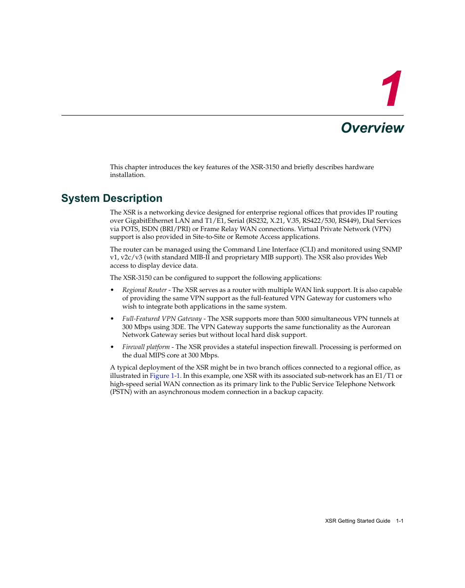 Overview, System description, Chapter 1: overview | System description -1 | Enterasys Networks XSR-3150 User Manual | Page 21 / 110