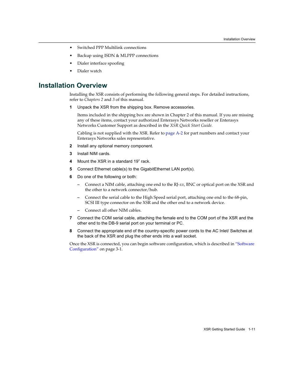 Installation overview, Installation overview -11 | Enterasys Networks XSR-3150 User Manual | Page 31 / 110